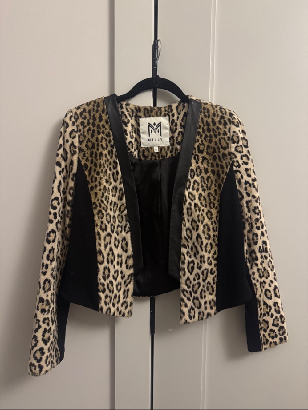 Milly Leopard Print Open-Front Blazer in Black & Tan